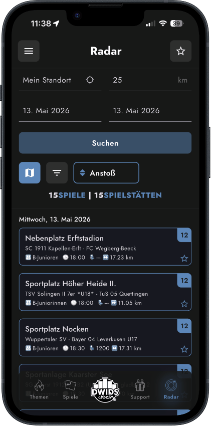 DWIDSwoch-App: Radar mit Spielen in der Nähe